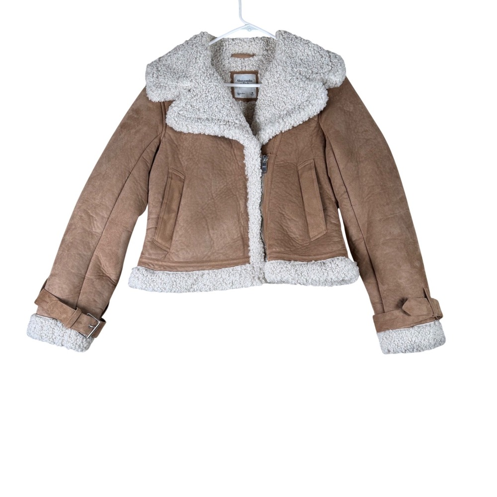 Abercrombie & Fitch Womens Tan Faux Suede Sherpa Aviator Jacket M 144J0373